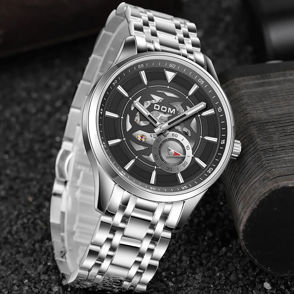 Часы DOM Мужские механические автоматические водонепроницаемые черные стальные