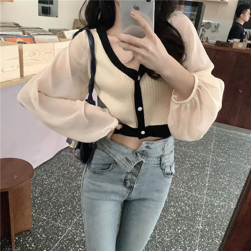 Женские свитера кардиган женский короткий вязаный в стиле пэчворк с длинными