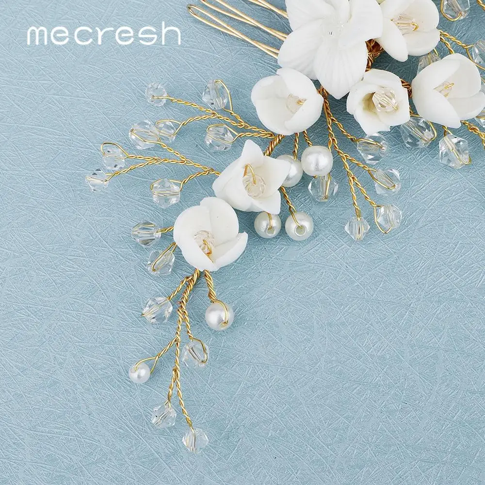 Mecresh White Flower Beads Wedding Hair Accessories Comb Gold Color Handmade Women Bridal Headpiece Ornaments FS334 | Украшения и