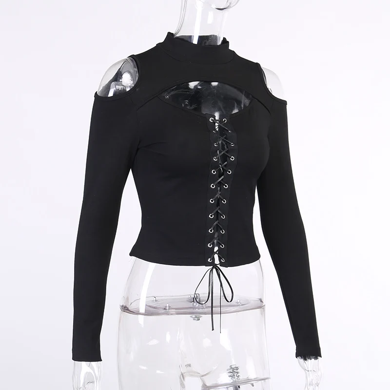 

2020 Autumn Womans Sexy Solid Color Top Lace-up Turtleneck Off-the-shoulder Long Sleeve Ripped Slim Base T-shirt Daily Life