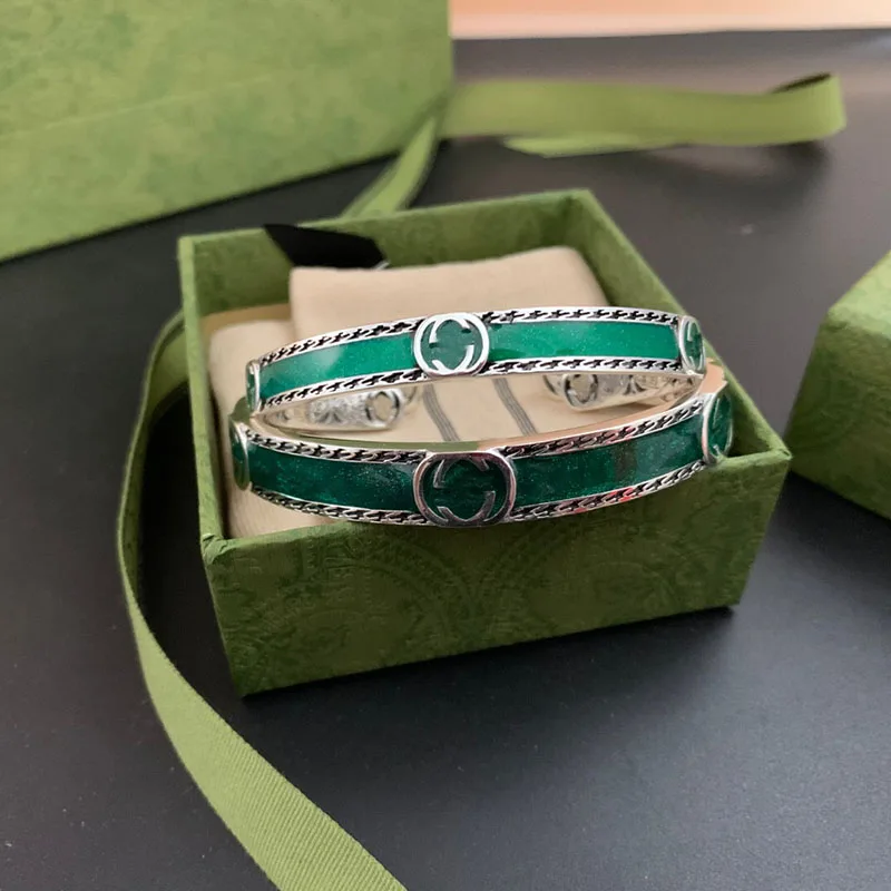 

925 Sterling Silver Green Enamel Couple Bracelet Men And Women Luxury Brand Bracelet Fashion Retro Charm Exquisite Jewelry Gift