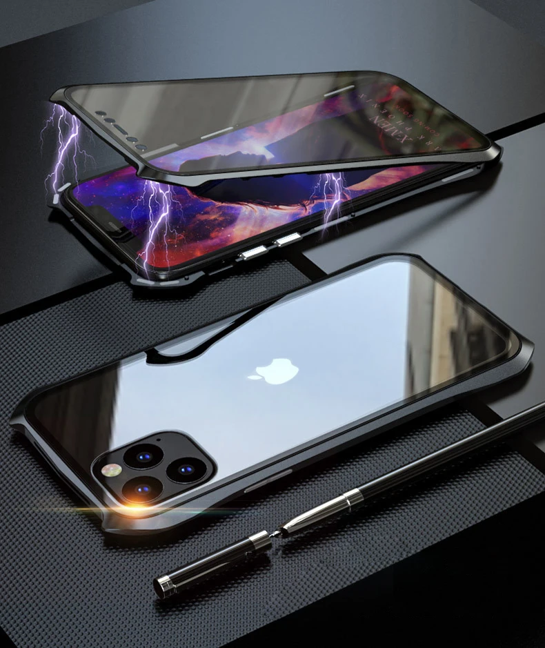 Двухсторонний задний+ передний стеклянный Магнитный чехол для Apple iPhone 11 Pro Max Роскошный Алюминиевый металлический бампер 360 Защитный чехол с петлей