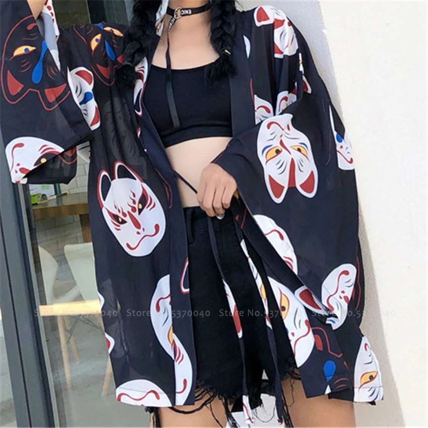 Женское кимоно-халат Haori летний кардиган в японском стиле с принтом кошки