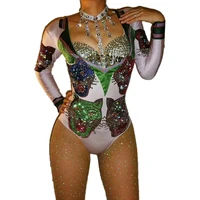 shiny rhinestones tiger pattern printing bodysuit women backless bodycon embellished diamonds necklace nightclub dance costumes