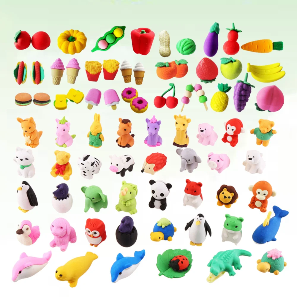 

100PCS Cartoon Erasers Creative Erasers Lovely Animal Fruit Vegetable Shape Erasers (50PCS Animals, 50PCS Fruits)