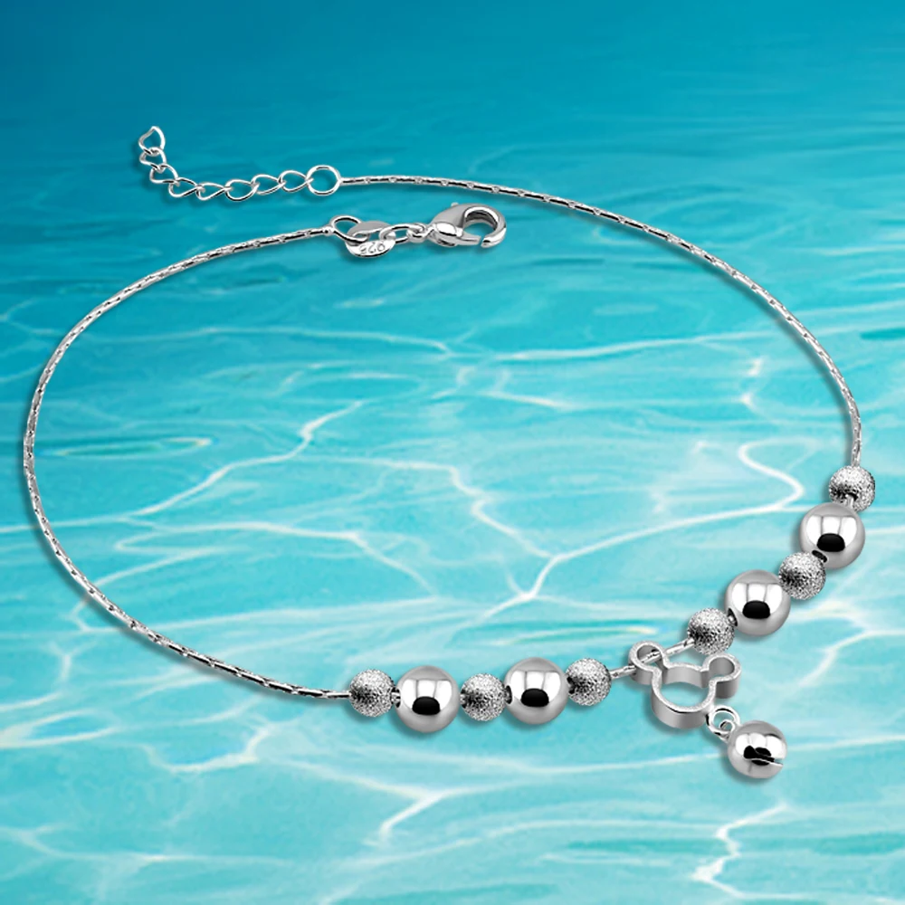 Женский серебряный браслет на ногу подвеска из круглых бусин Микки мауз браслеты