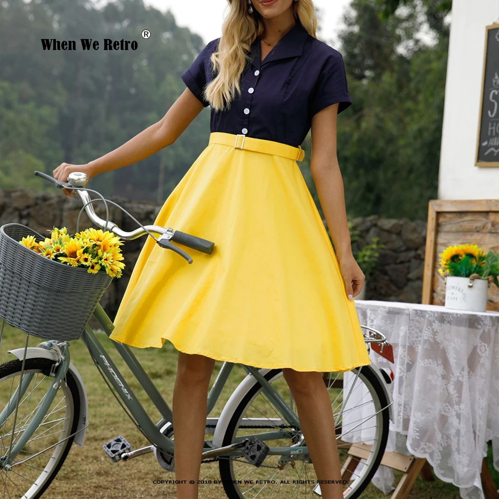 

Женское хлопковое платье с коротким рукавом, в стиле пэчворк, голубого и желтого цветов, VD2002, трапециевидной формы, винтажное, летнее