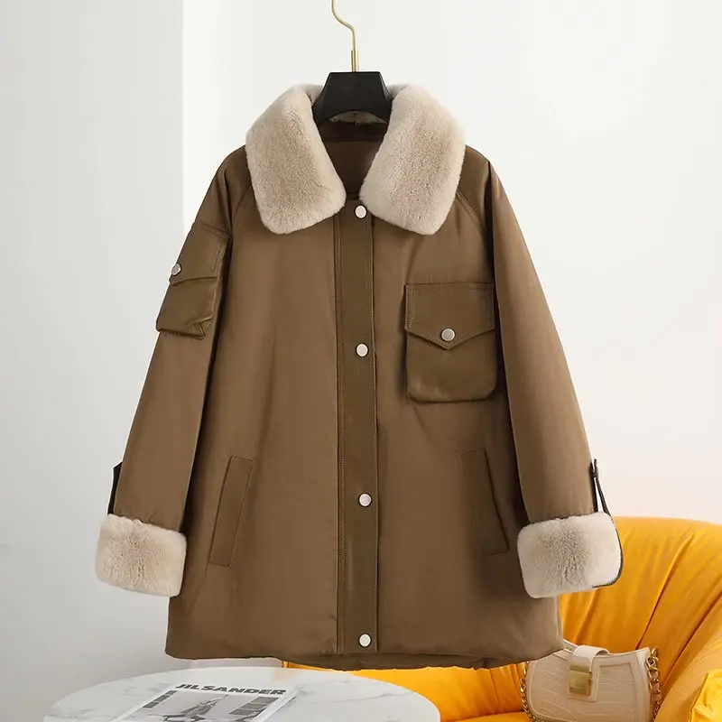 

2021 Winter New Dark Brown Parker Clothing Women Long Rex Rabbit Fur Collar White Duck Down Jacket Thick Warm Fur Coat