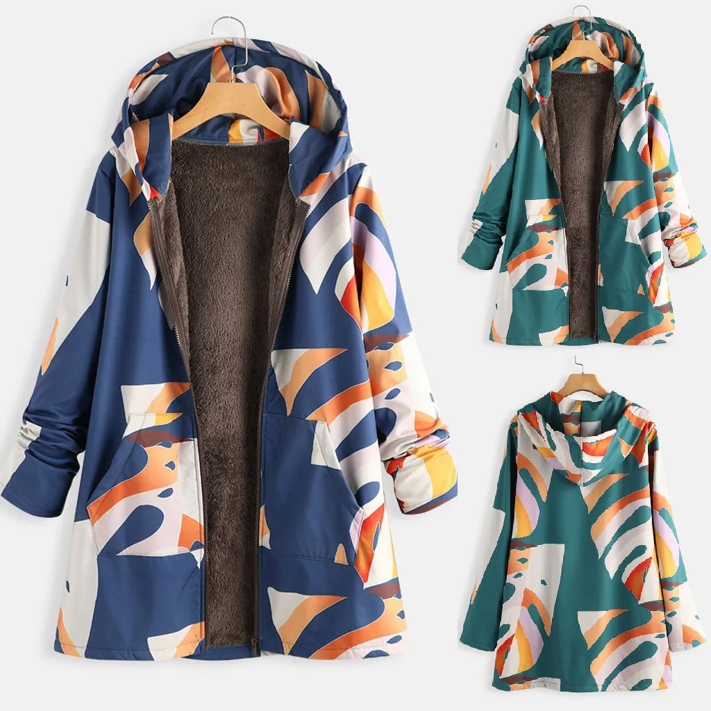 Женское пальто в винтажном стиле большие размеры зимнее теплое с принтом