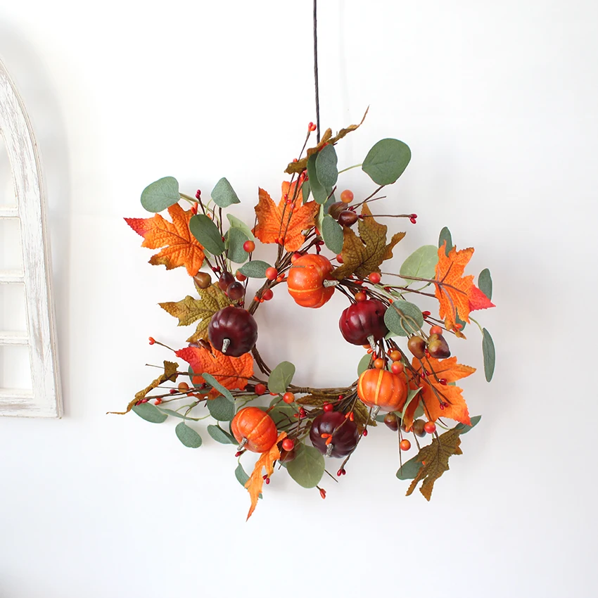 

Artificial Autumn Fall Harvest Thanksgiving Halloween Wreath for Front Door with Pumpkins Maple Leaf and Berry