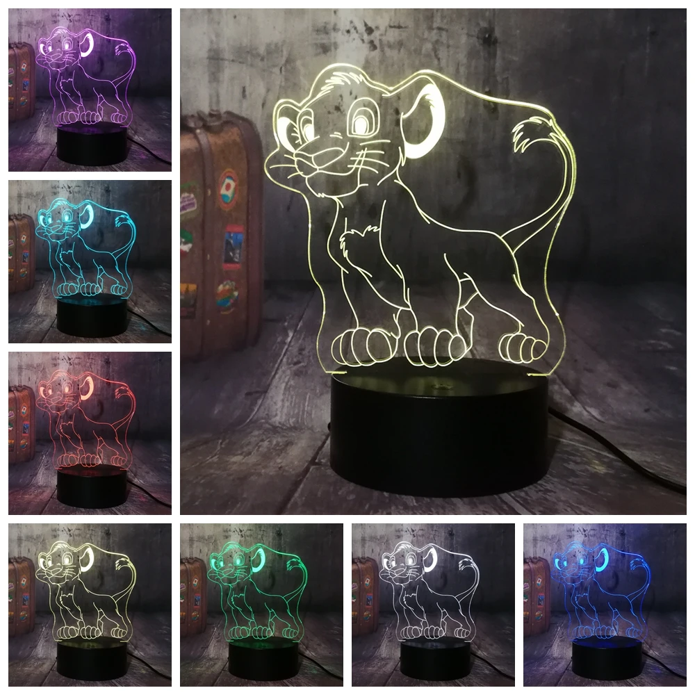 Милый маленький светодиодный 3d светильник Simba Король Лев ночник 7 цветов