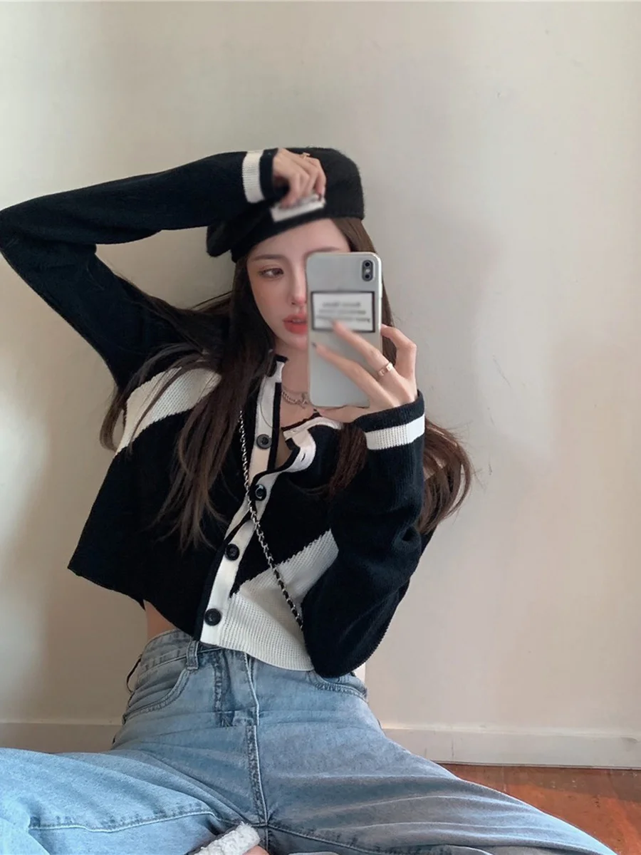 Стильный цветной вязаный кардиган с длинными рукавами женское весенне-осеннее