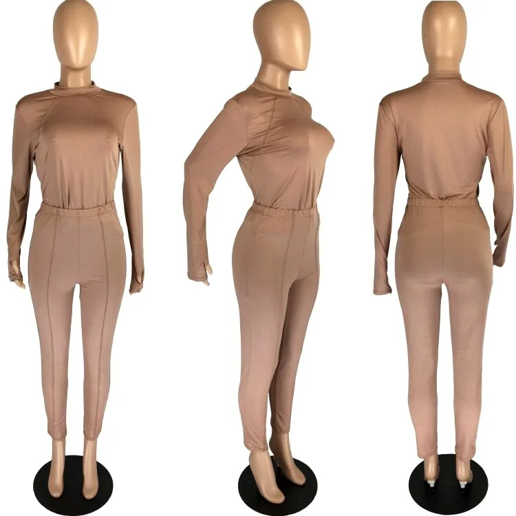 

2021 spring new fashion solid color leisure sports suit slim fit o-neck long sleeve top and trousers women's two piece set