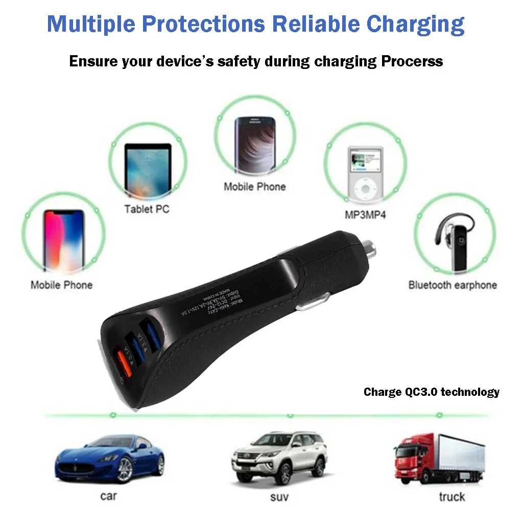 Автомобильное зарядное устройство с 3 портами 18 Вт USB QC 0 быстрая зарядка для iPhone