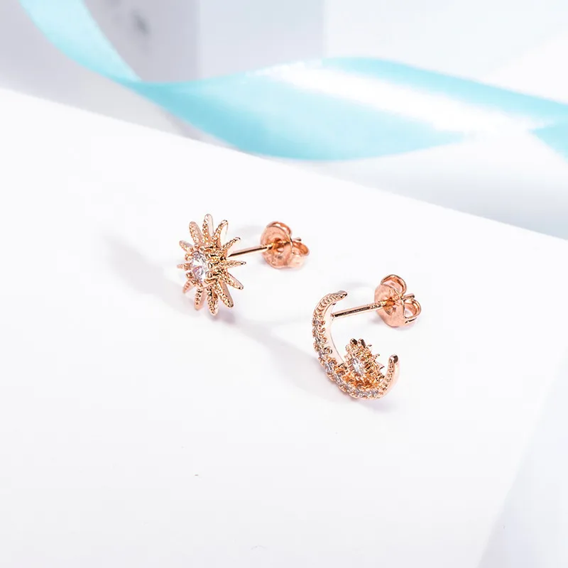 Настоящее золото 14k серьги корейские асимметричные в форме Луны женские Orecchini