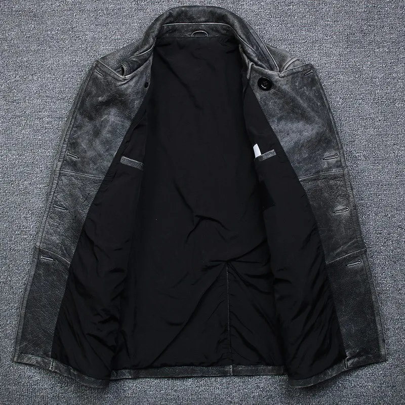 

New Style Vintage Motorcycle Jacket Man Autumn Long Cow Leather Jacket Men Casual Double Breasted Coat Male Jaket Kulit 3XL