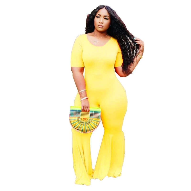 

Summer 2020 large women's short sleeve flared trousers round neck solid color Jumpsuit