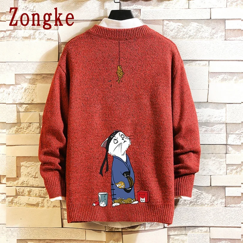 

Zongke 2021 Japan Style Cat Print Knitted Sweater Men Clothes Pullover Men Sweater Black Men's Sweater Knit M-5XL