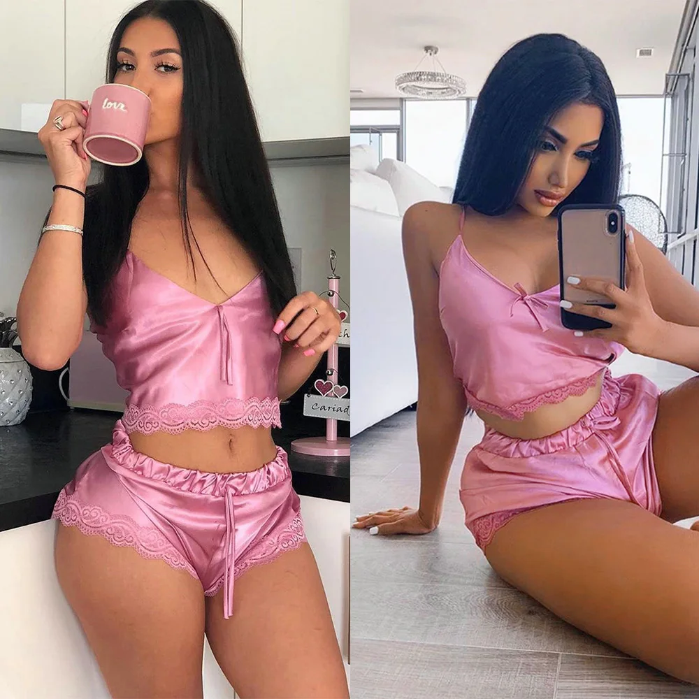

Pink Sweet Sexy Women 2 Piece Sets Homewear Pajama Sets Lace Decor Slip Tops Sleeveless Short Tops+Drawstring Mid Waist Shorts