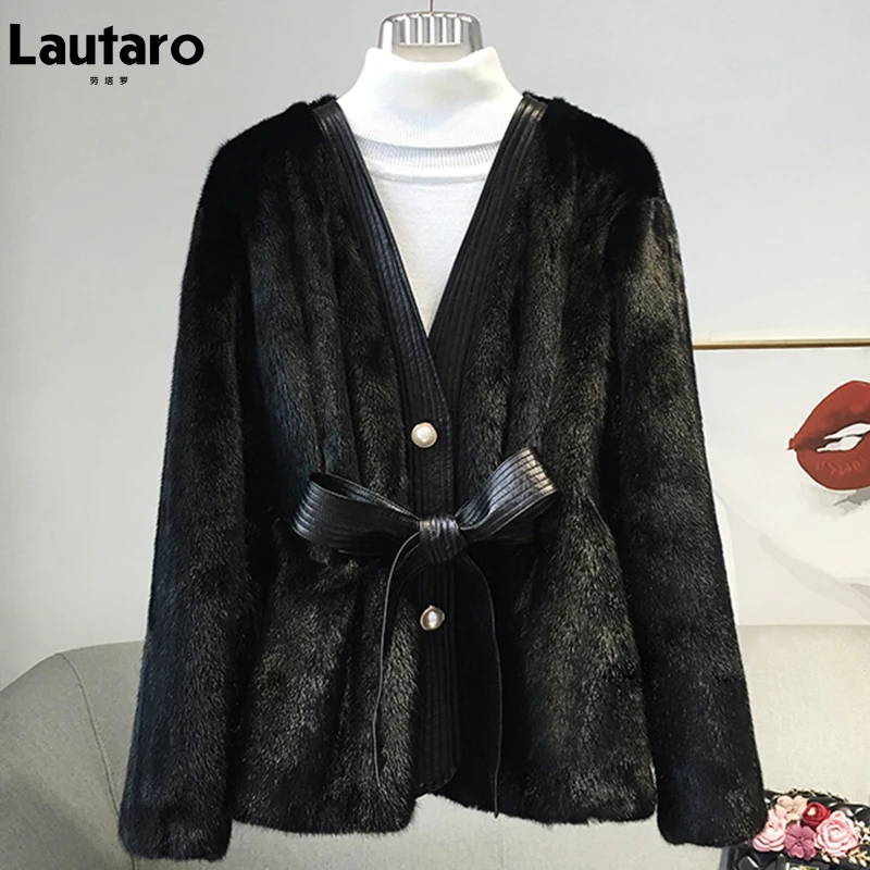 

Lautaro зимняя длинная черная толстая теплая шуба из искусственного меха норки женская с капюшоном с длинным рукавом корейская мода 2021 г. один ...