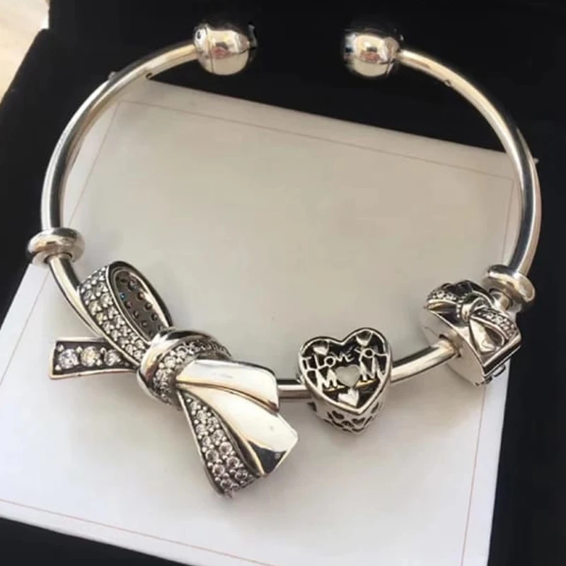

NEW 100% 925 Sterling Silver Bow Charm Heart Bow Clip 3 Charm Bead Bracelet Set Planet of Charm Astronaut Bangle Love Charm