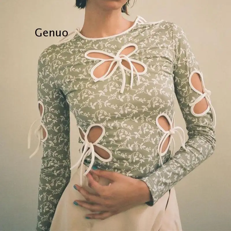 

Vintage Butterfly Hollow Out Bandage Long Sleeve T-shirts Streetwear 90s Print O-neck Green Tops Y2K Fashion Outfits