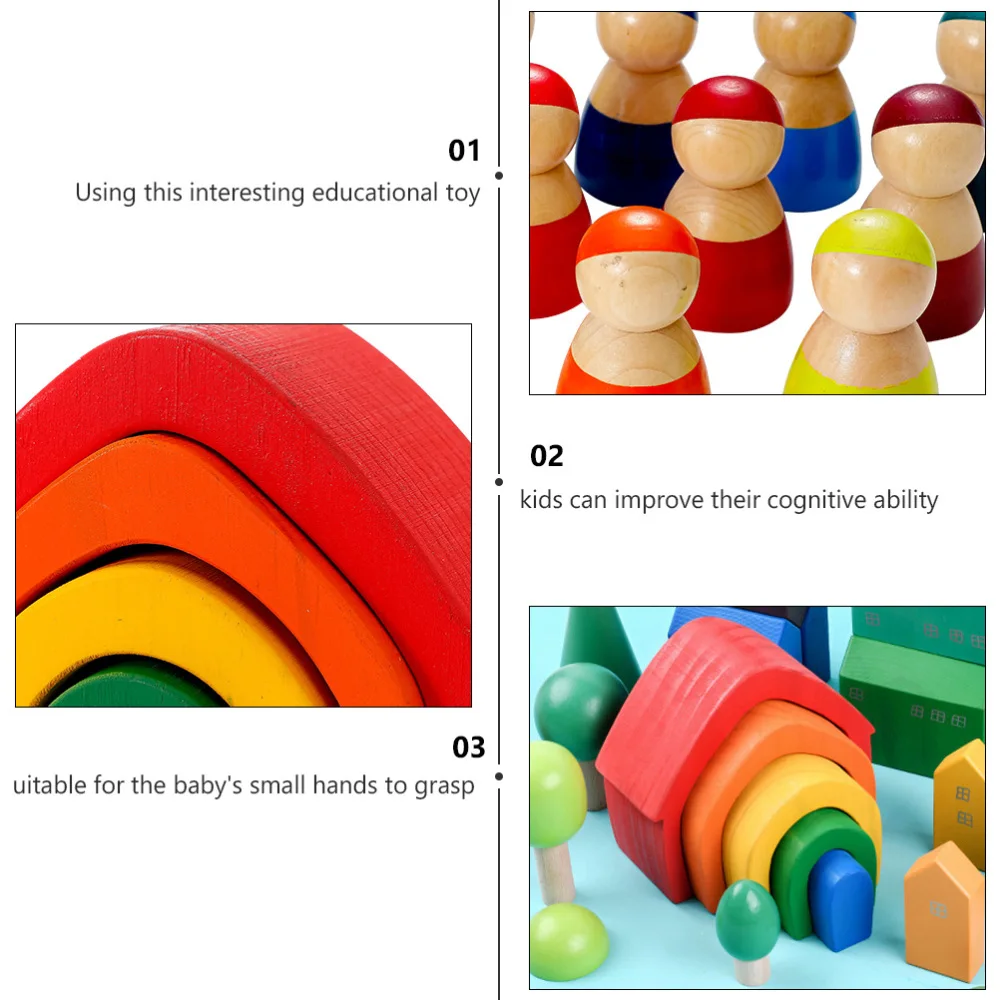 

1Set Rainbow Building Blocks Wooden Colorful House Children Plaything
