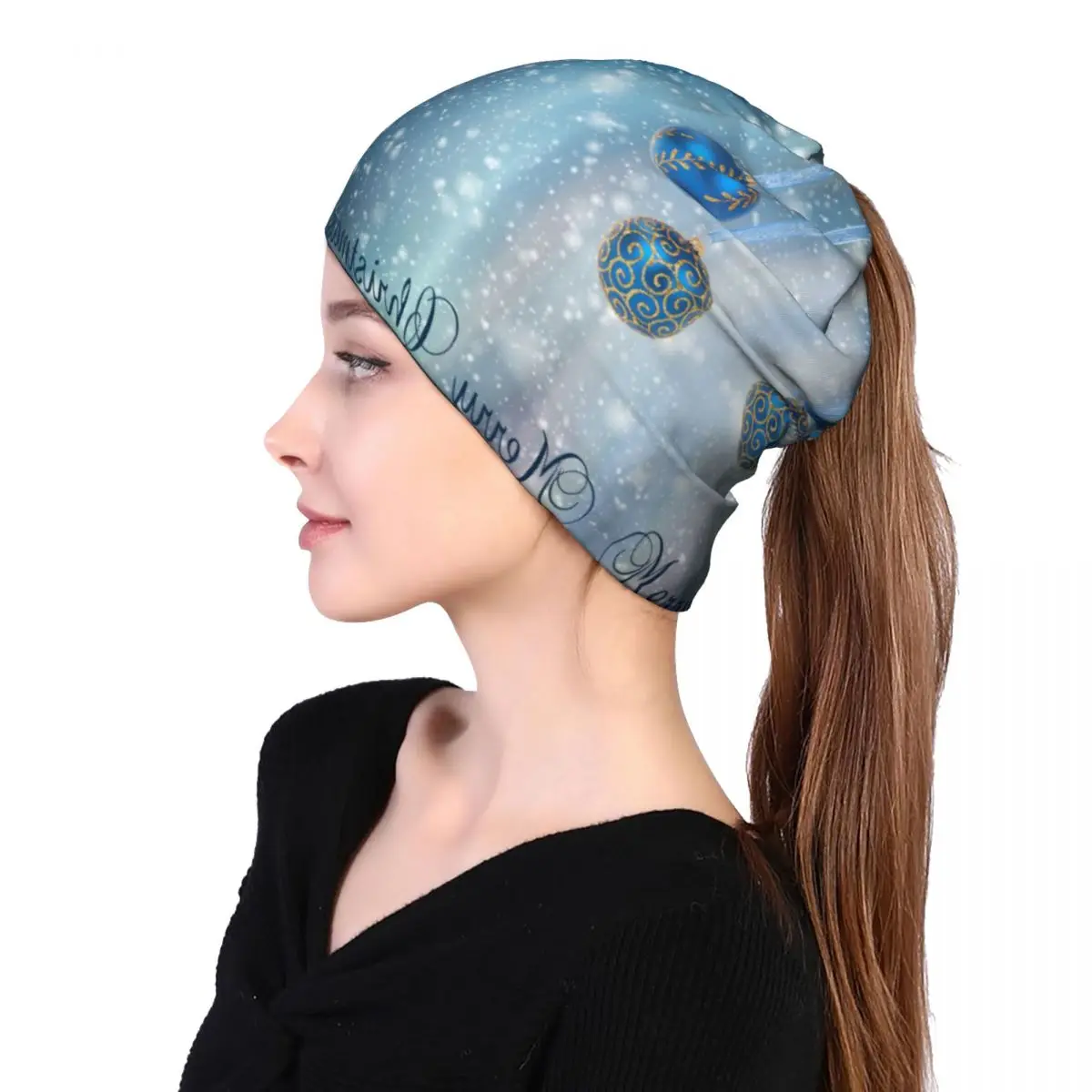 

Christmas Greeting Card Snow Blue Bokeh Unisex multifunction beanie hat
