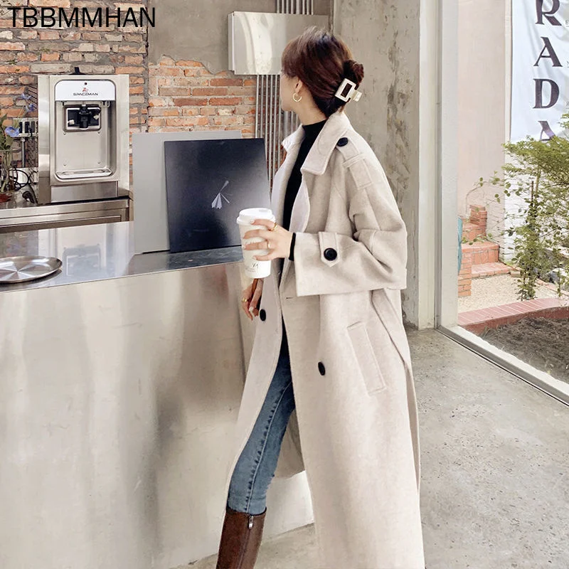 

Женское шерстяное пальто средней и большой длины, новое модное шерстяное пальто выше колена в Корейском стиле Хепберн с запахом на талии, 2021