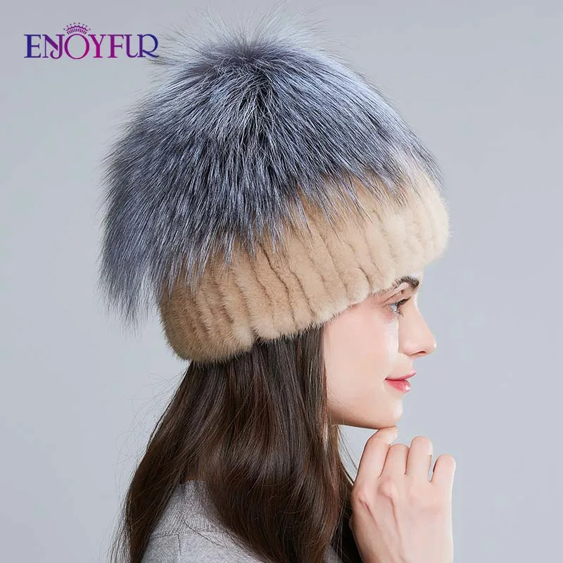 Женские вязаные шапки ENJOYFUR теплые из натурального меха норки с плетением лисьего