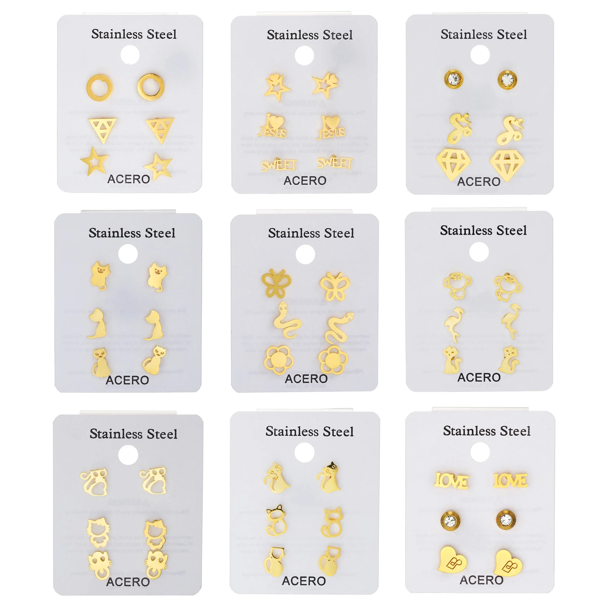 

3Pairs/Sets Stainless Steel Stud Earrings For Women's Set Fashion Gold Color Star Heart Cat Snake Flowers Earring brincos