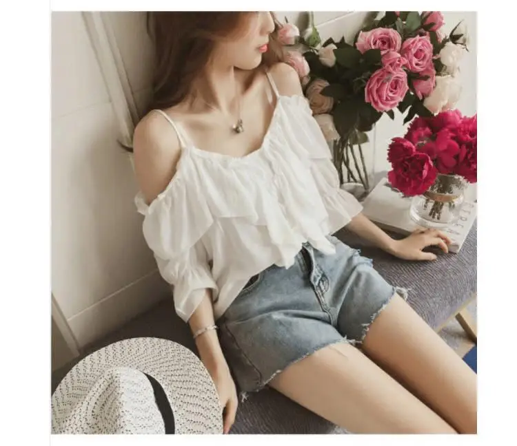 Elegant White Blouse Women Summer Thin Strap Vintage Ruffle Sexy Off shoulder Top Chiffon Blouses Shirt 2021 Korean Fashion plus size blouses