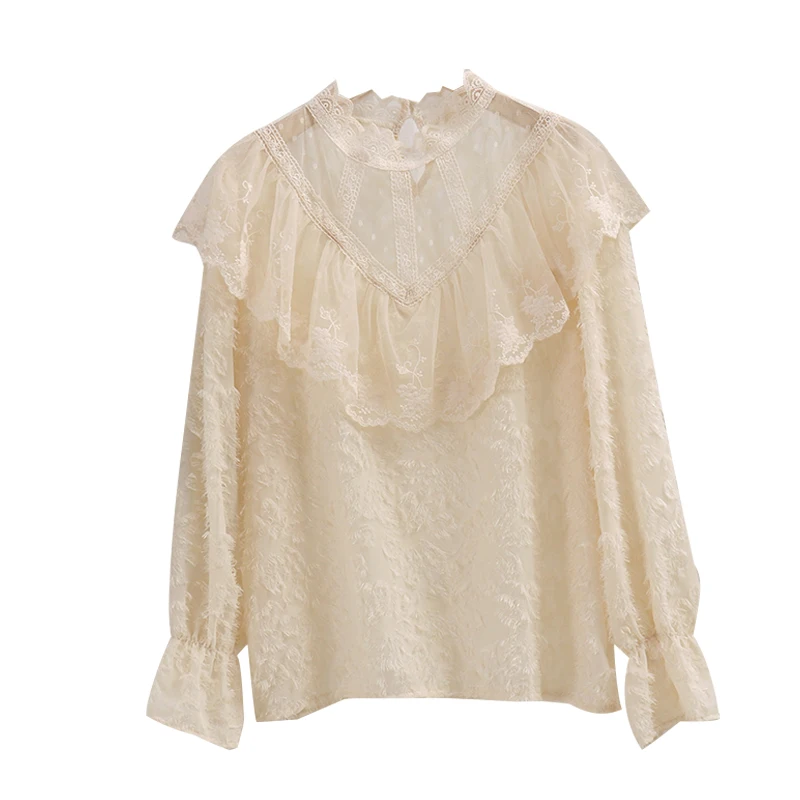 

H13 design perspective V-neck Ruffle lace shirt autumn winter foreign style trumpet sleeve versatile lace collar top 916