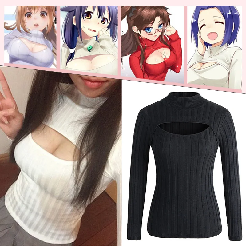 

JCHB японский аниме Kawaii свитер Love Live чокер Косплей Харадзюку Лолита Сексуальная Водолазка вязаные пуловеры сексуальный с открытой грудью Swea
