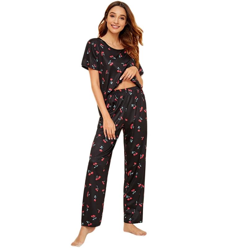 Dotfashion Casual Cherry Print Pajama Set Women Summer Black Short Sleeve Top And Long Pants Ladies Sweet Loungewear
