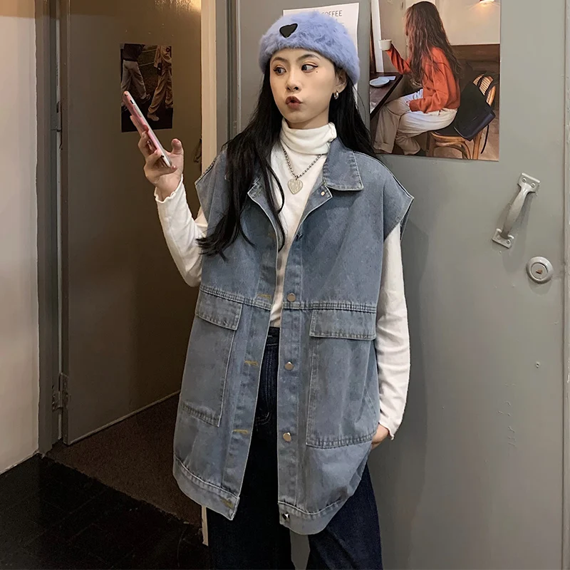 Жилет джинсовый HARAJPOO в стиле ретро потертый без рукавов с большими карманами