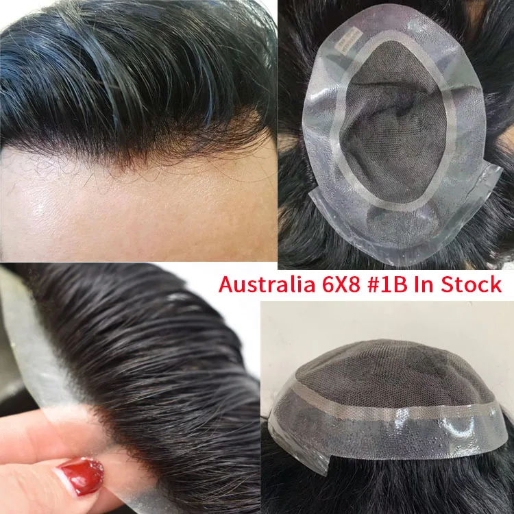Australia Base Lace Poly Around Toupee Wig Patch #5 and #1B Human Hair Pieces For Men  Black 8X6 Inch With Free Tapes or Clips
