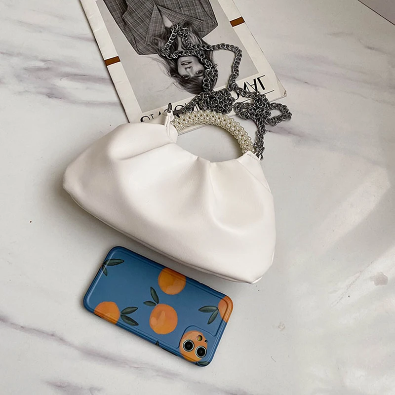 

Pearl Portable Bag 2020 New Fashion Small Design Messenger Bag Women's Bag Chain Pleated Texture Shoulder Bag Cow Leather Totes