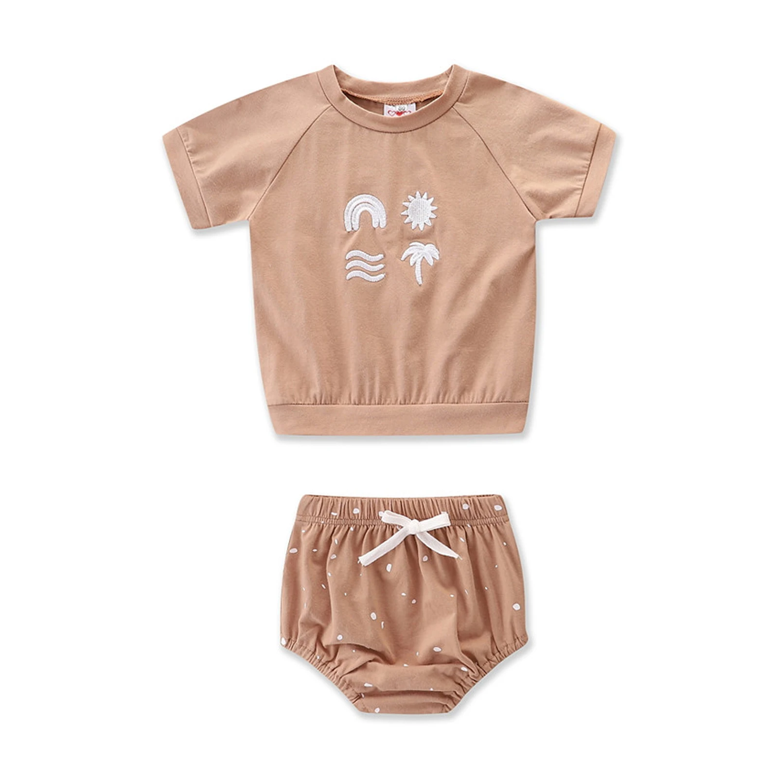 

Baby Girls Clothes Set, Rainbow Print Short Sleeve O-neck T-shirt + Polka Dot Printed Drawstring Shorts