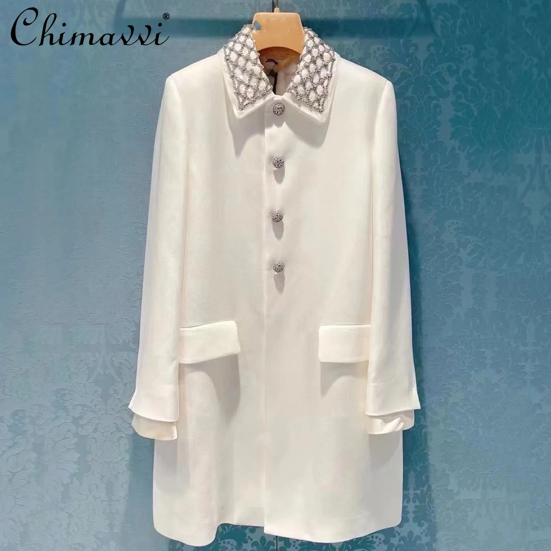 

Женский однобортный Тренч с длинным рукавом, длинное однотонное пальто с отложным воротником и бисером