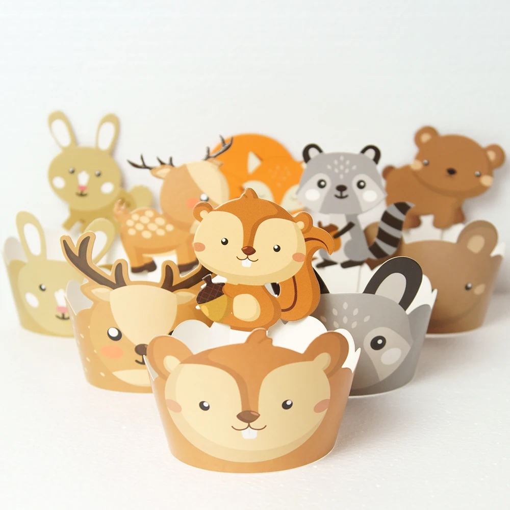 

12 наборов, Мультяшные животные, белка, лиса, обертка для кексов, детские украшения для торта на день рождения, детский праздник, десерт, украш...