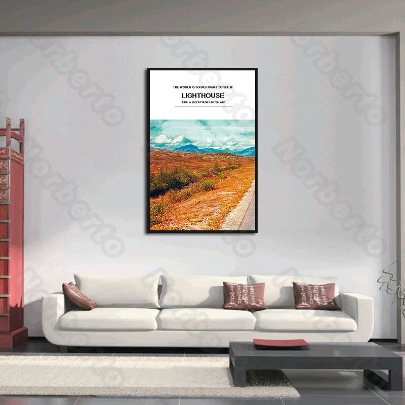 

Travel Canvas Painting Wall Poster Wide Field and Broad Road Letters Lighthouse Beautiful View for Livng Room Bedroom Decoration