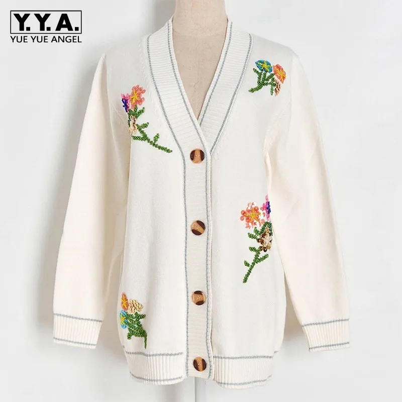 

Женский однобортный Кардиган с V-образным вырезом, свободные вязаные свитера ручной работы с цветными блестками и цветами, с длинным рукаво...