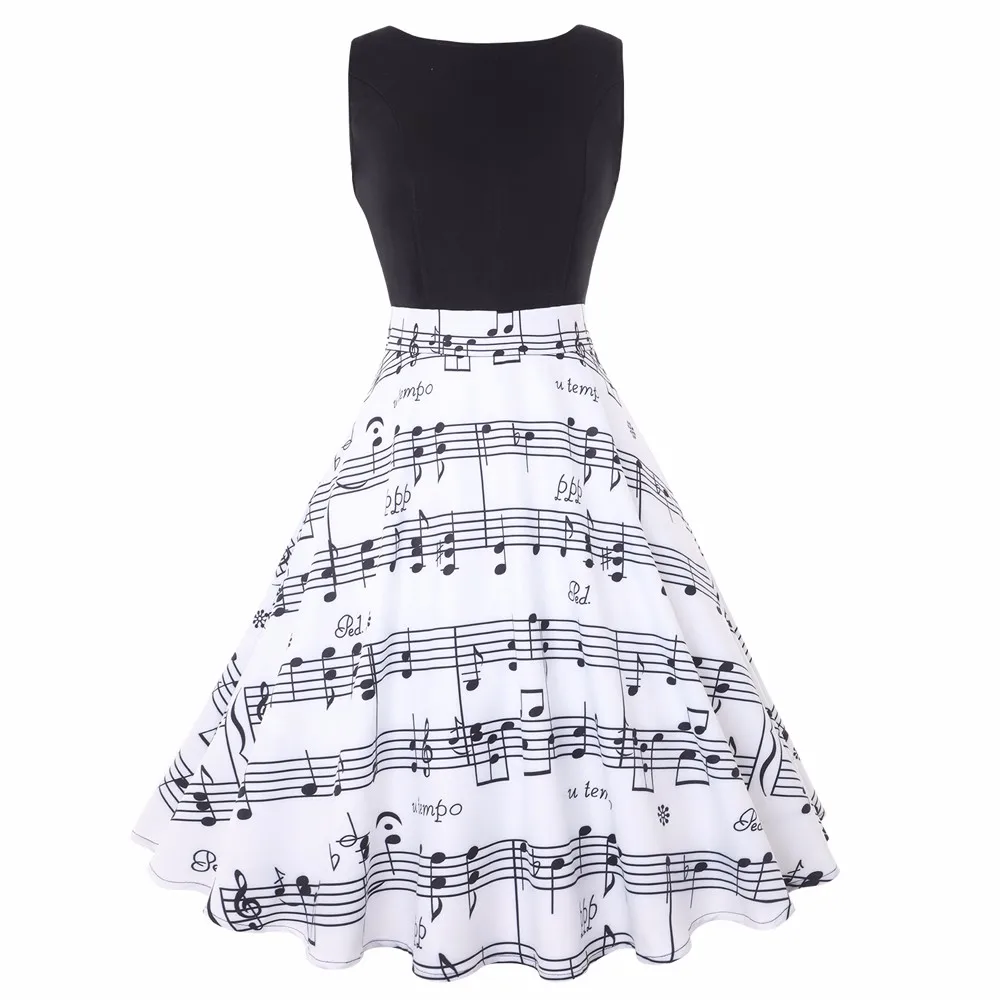 Женское винтажное платье с принтом музыкальных нот черное в стиле 50-х вырезом