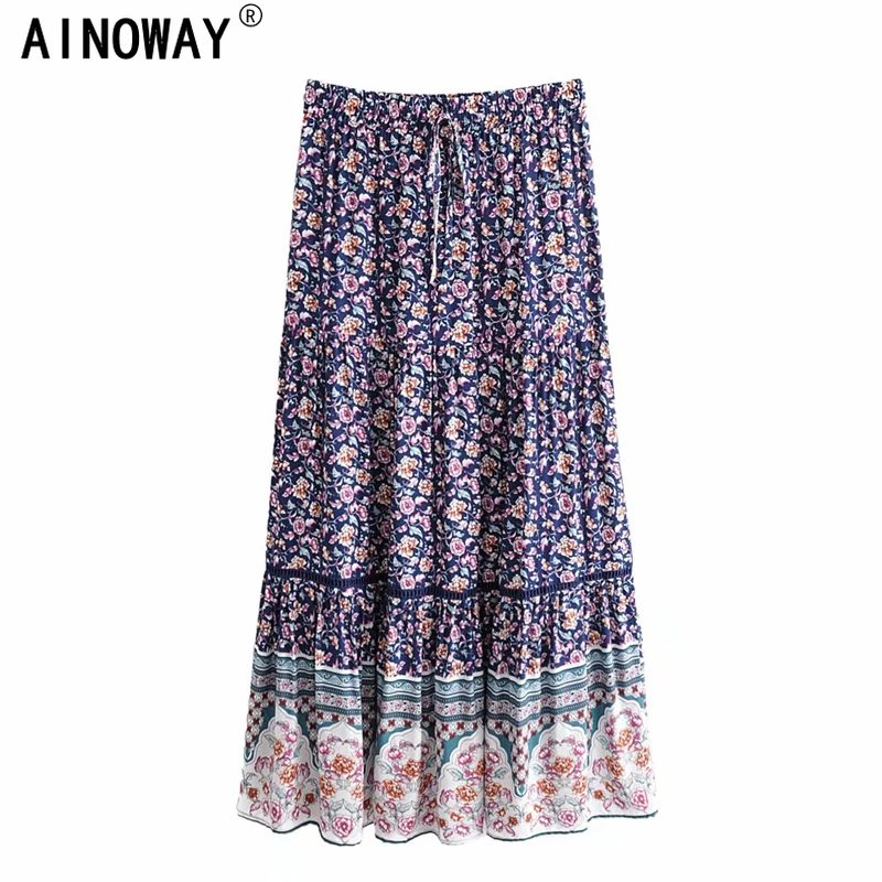 Винтажная шикарная Летняя женская пляжная юбка в стиле хиппи с цветочным принтом