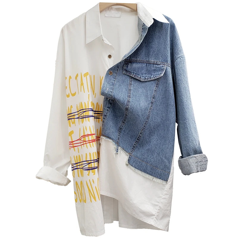 

2021 Spring Summer New Streetwear Long-sleeved Printed White Shirt Coat Female Thin Section Wild Denim Stitching Blouse And Top