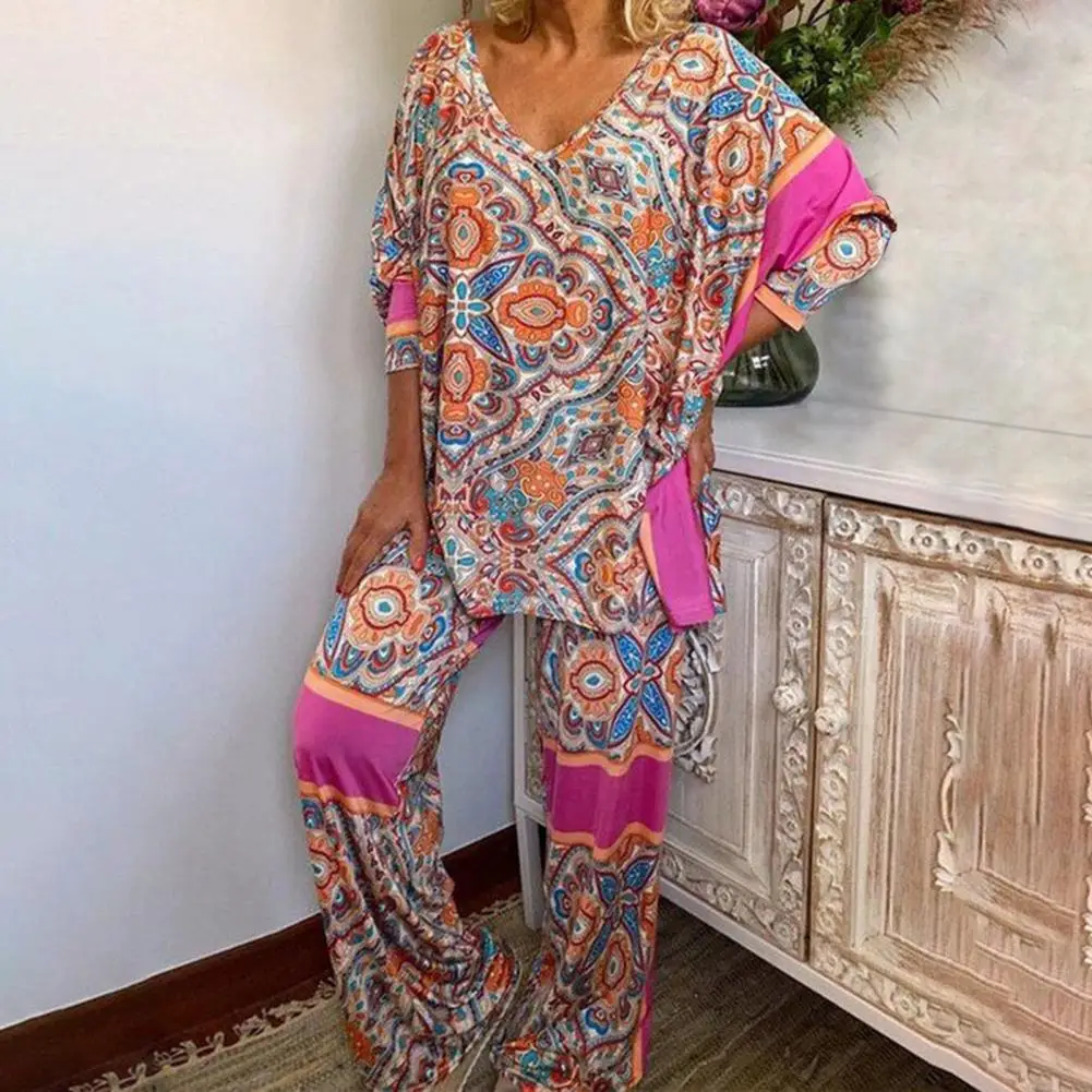

Ethnic Style Loose Women Suit Half Sleeve V-neck Print Top Elastic Waist Straight Pants Suits Skin-friendly Outfits for Holiday