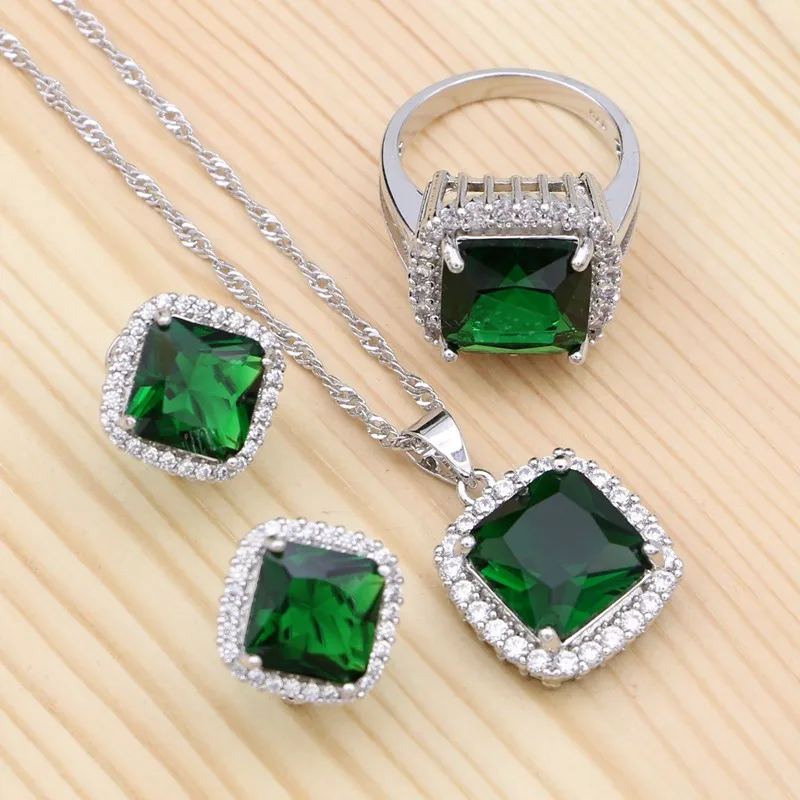 

925 Silver Bridal Jewelry Sets For Women Natural Green Cubic Zirconia White Crystal Stud Earrings/Pendant/Necklace/Ring Set
