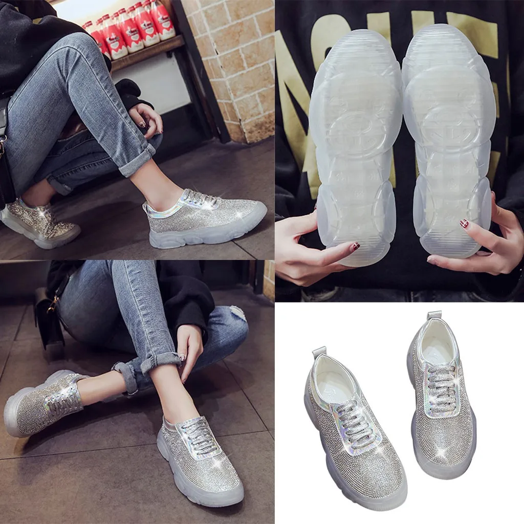 

Fashion Women Sneakers Summer Casual Crystal Ladies Breathable Slip On Flat Shoes Lace Up Sequins Soft Bottom Transparent Shoes