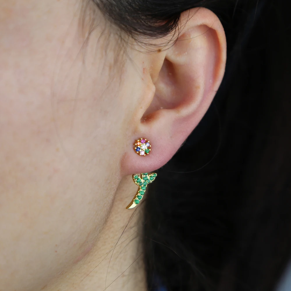 Женские Двухсторонние серьги гвоздики золотистые блестящие с разноцветными